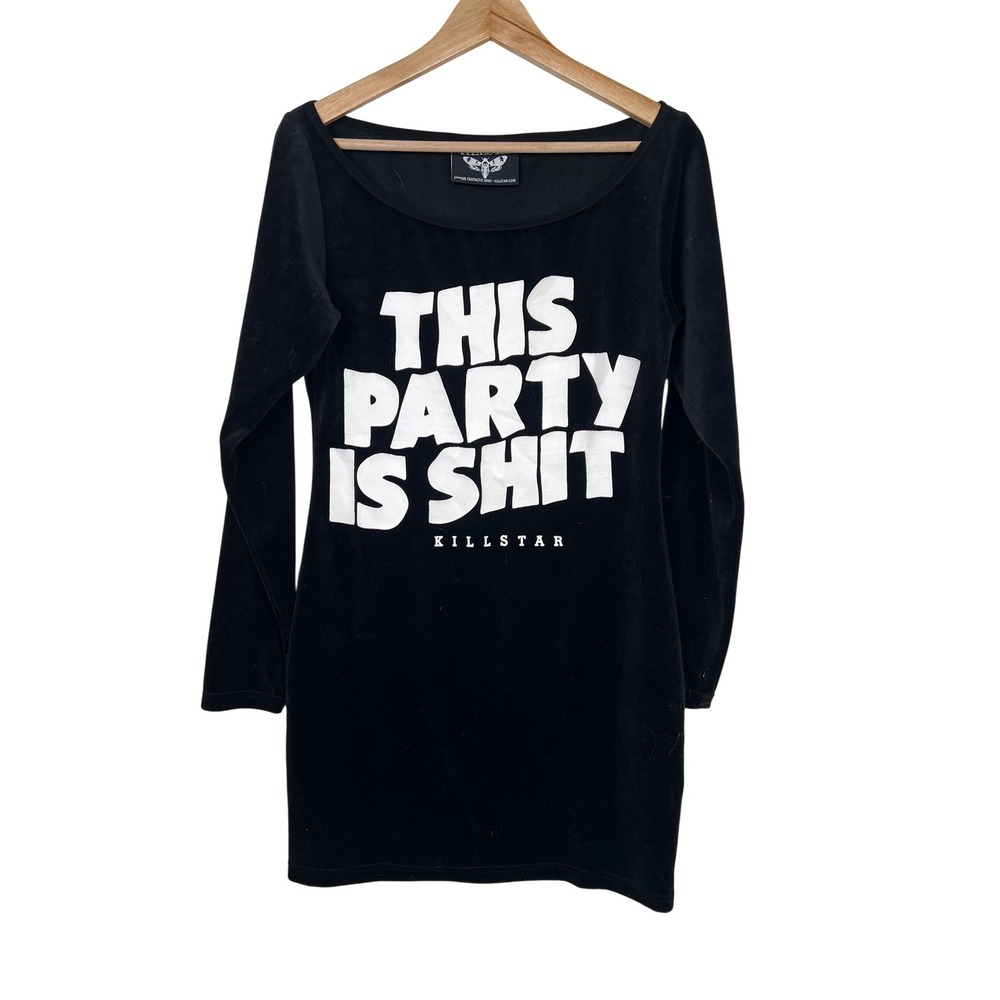 KILLSTAR Black Velvet This Party Is Shit Long Sleeve Mini Dress Size‎ S